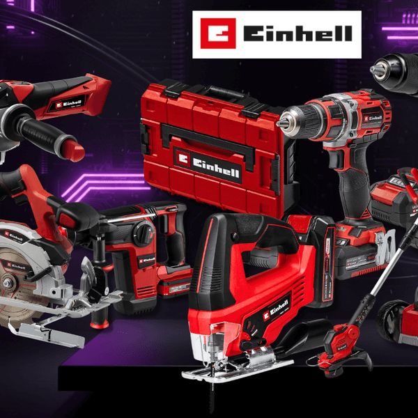 Collage verschiedener roter Einhell Werkzeuge und Gartengeräte (Winkelschleifer, Bohrhammer, Akkubohrer, Stichsäge, Kreissäge, Rasenmäher, Rasentrimmer und ein roter Einhell Werkzeugkoffer) vor einem dunklen technischen Hintergrund mit lila Neonlicht-Akzenten. Links mittig das Amazon-Logo.
