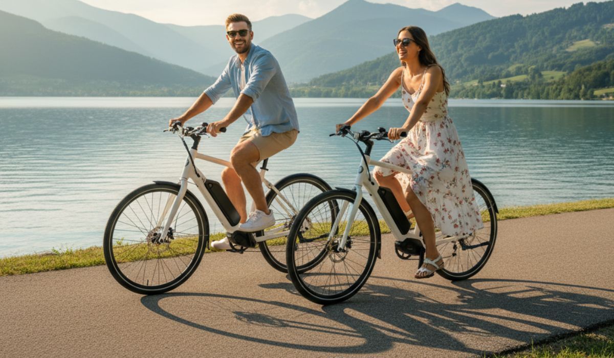 Ein Mann und eine Frau sitzen auf einem E-Bike und fahren nebeneinander an einem See entlang mit Bergen im Hintergrund.