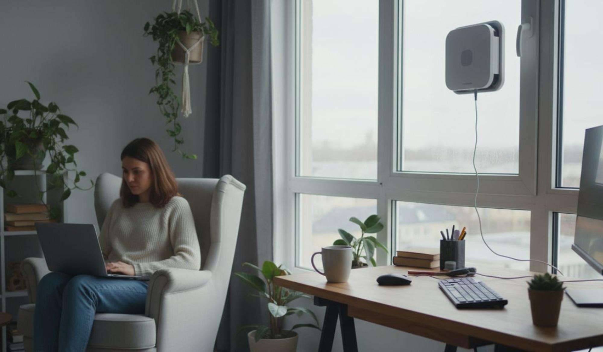 Ein Fensterputzroboter reinigt ein Fenster im Wohnzimmer; im Hintergrund sitzt eine junge Frau entspannt auf dem Sofa und arbeitet am Laptop, vor dem Fenster ist regnerisches Wetter.