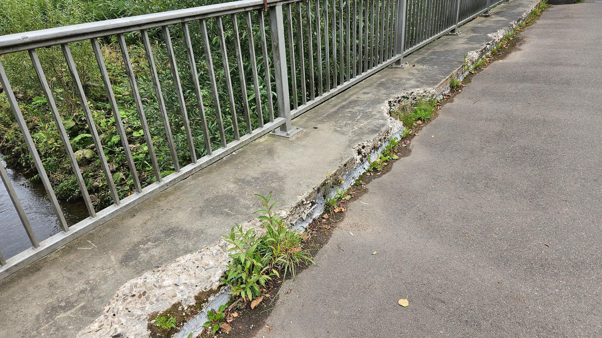 Der Betonsockel, auf dem das Geländer steht, bröckelt an vielen Stellen.