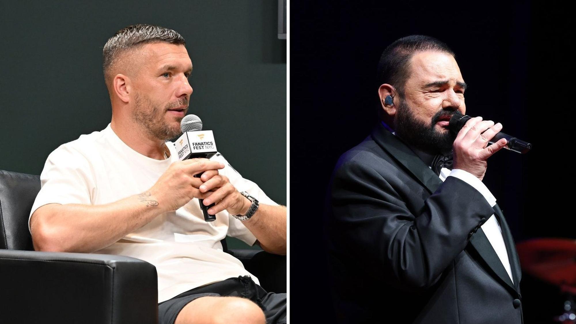 Lukas Podolski (links) hat sich in der „Glücksgefühle“-Debatte um Alphaville und Frontmann Marian Gold zu Wort gemeldet. (Bild: Getty Images / Dave Kotinsky / Gerald Matzka)