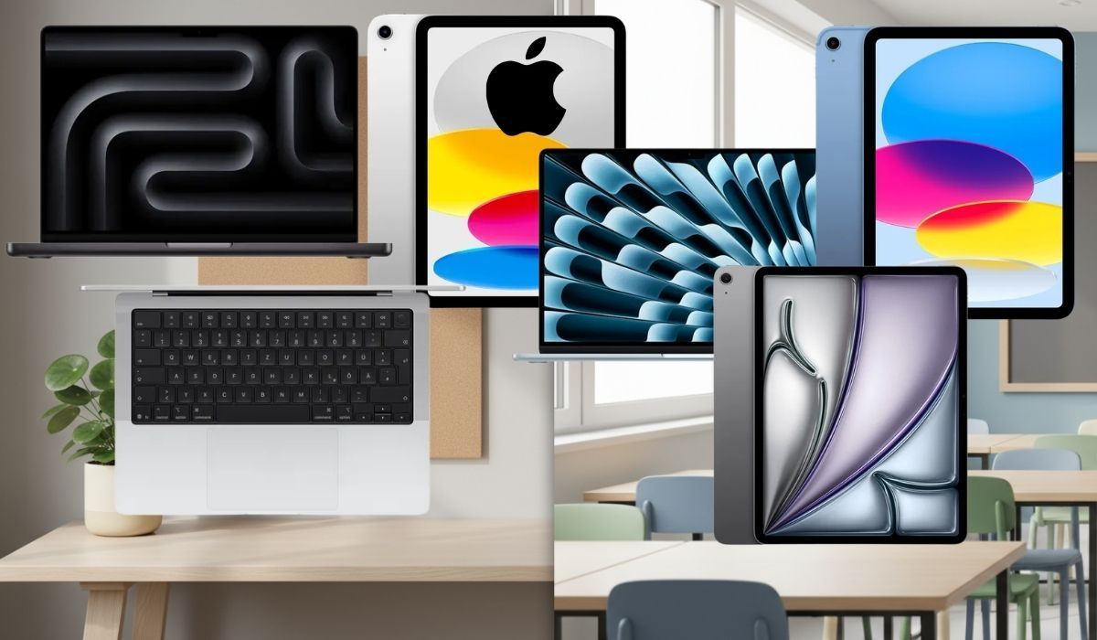 Collage mit mehreren Apple-Geräten, darunter iPads, ein MacBook und ein Mac, vor dem Hintergrund eines modernen Klassenraums und Arbeitsplatzes.