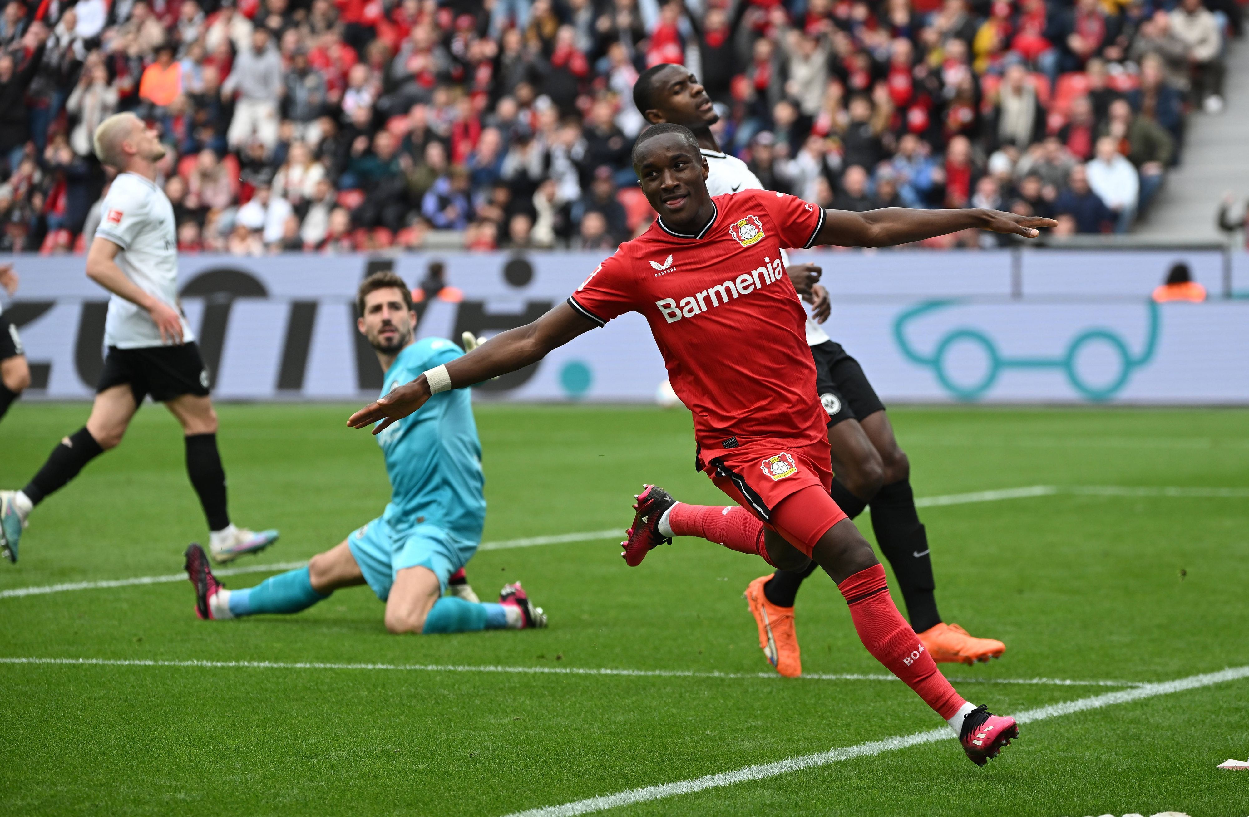 Der bisher letzte Treffer von Moussa Diaby in der BayArena im April 2023 gegen Frankfurt.imago