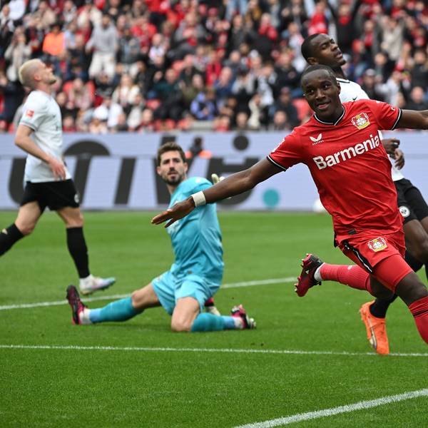 Der bisher letzte Treffer von Moussa Diaby in der BayArena im April 2023 gegen Frankfurt.imago