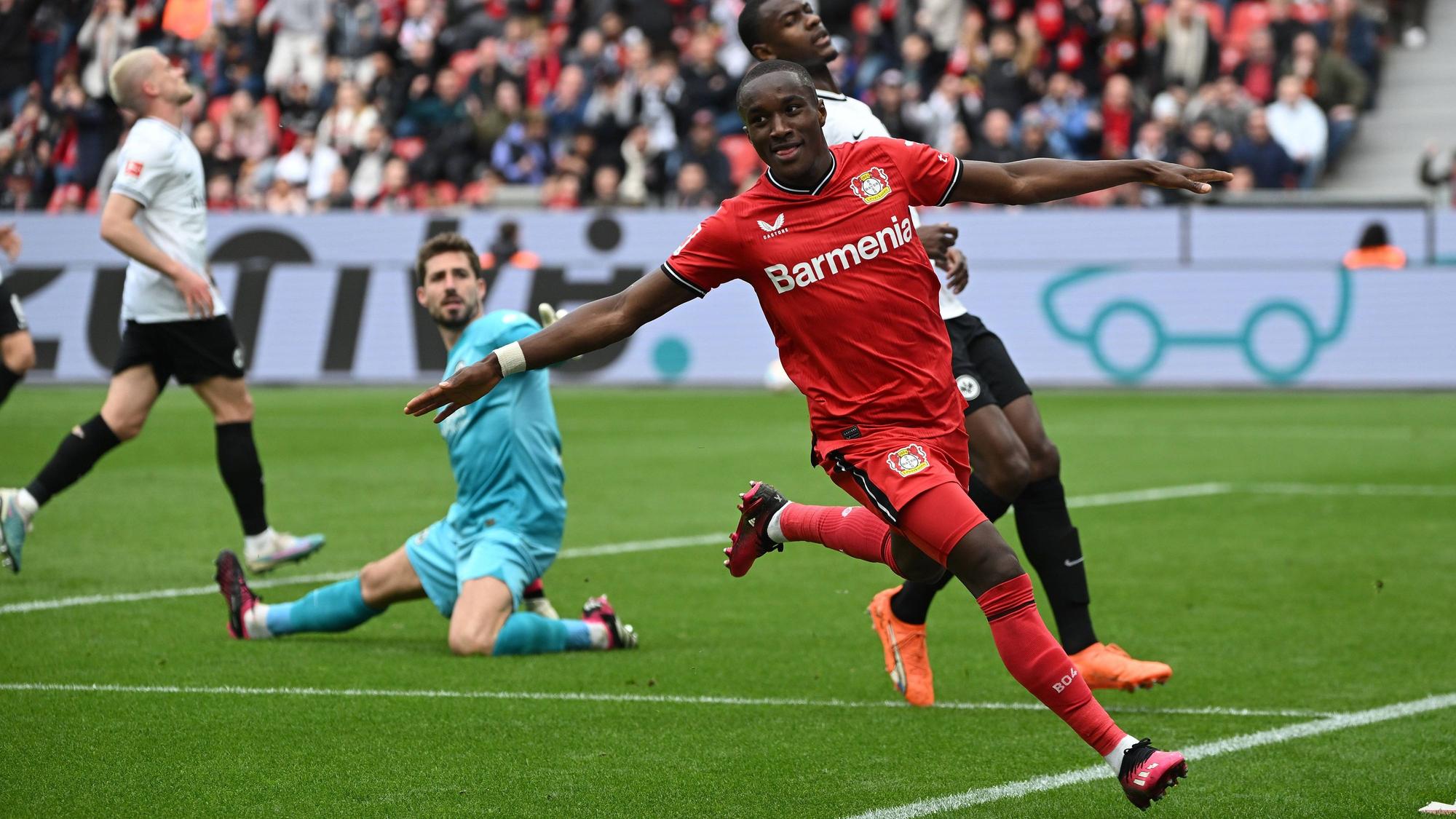 Der bisher letzte Treffer von Moussa Diaby in der BayArena im April 2023 gegen Frankfurt.imago