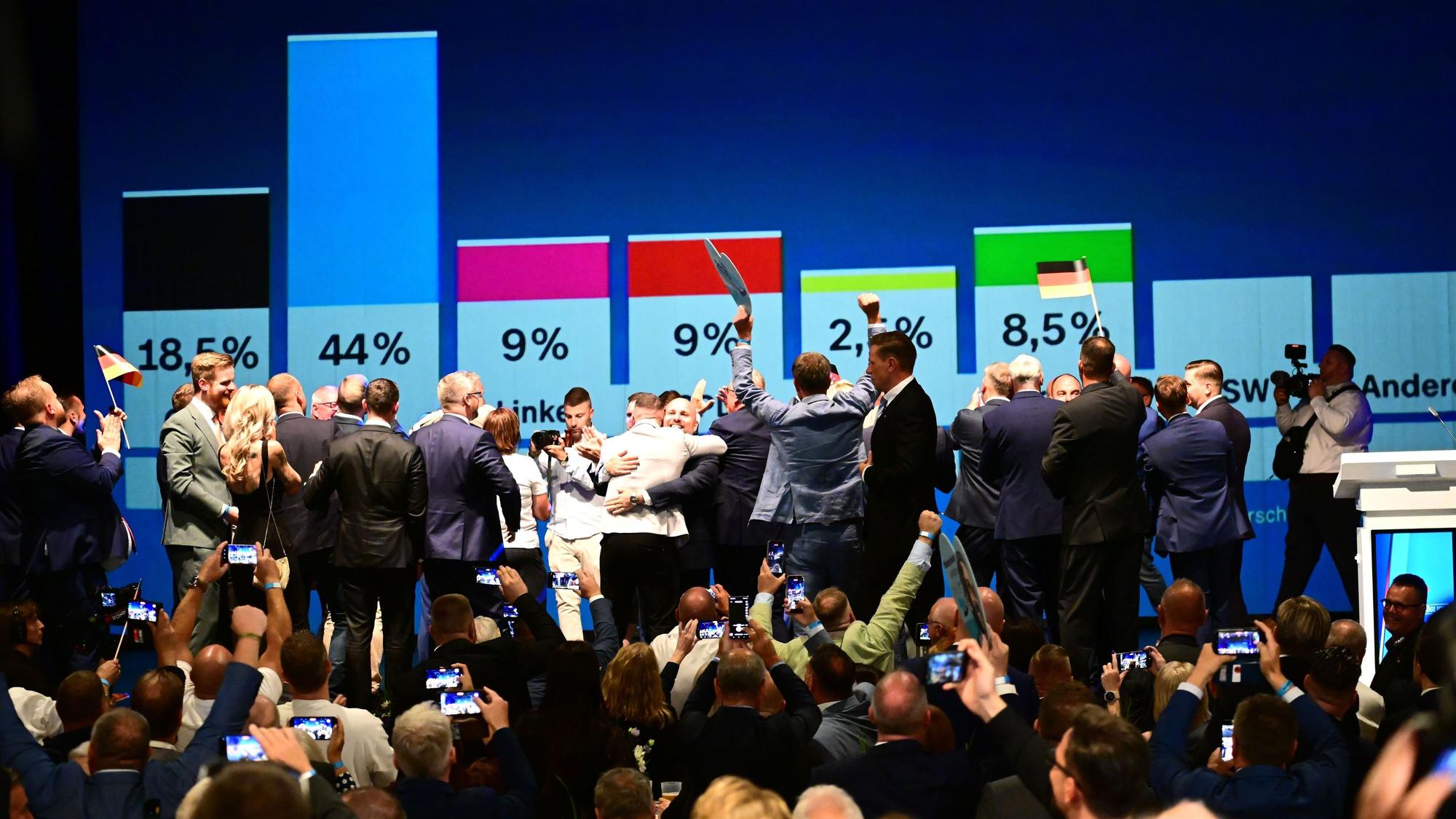 Magdeburg: AfD-Anhänger reagieren nach der Prognose zum Ergebnis der Landtagswahl Sachsen-Anhalt bei der Wahlparty der AfD im Alten Theater.