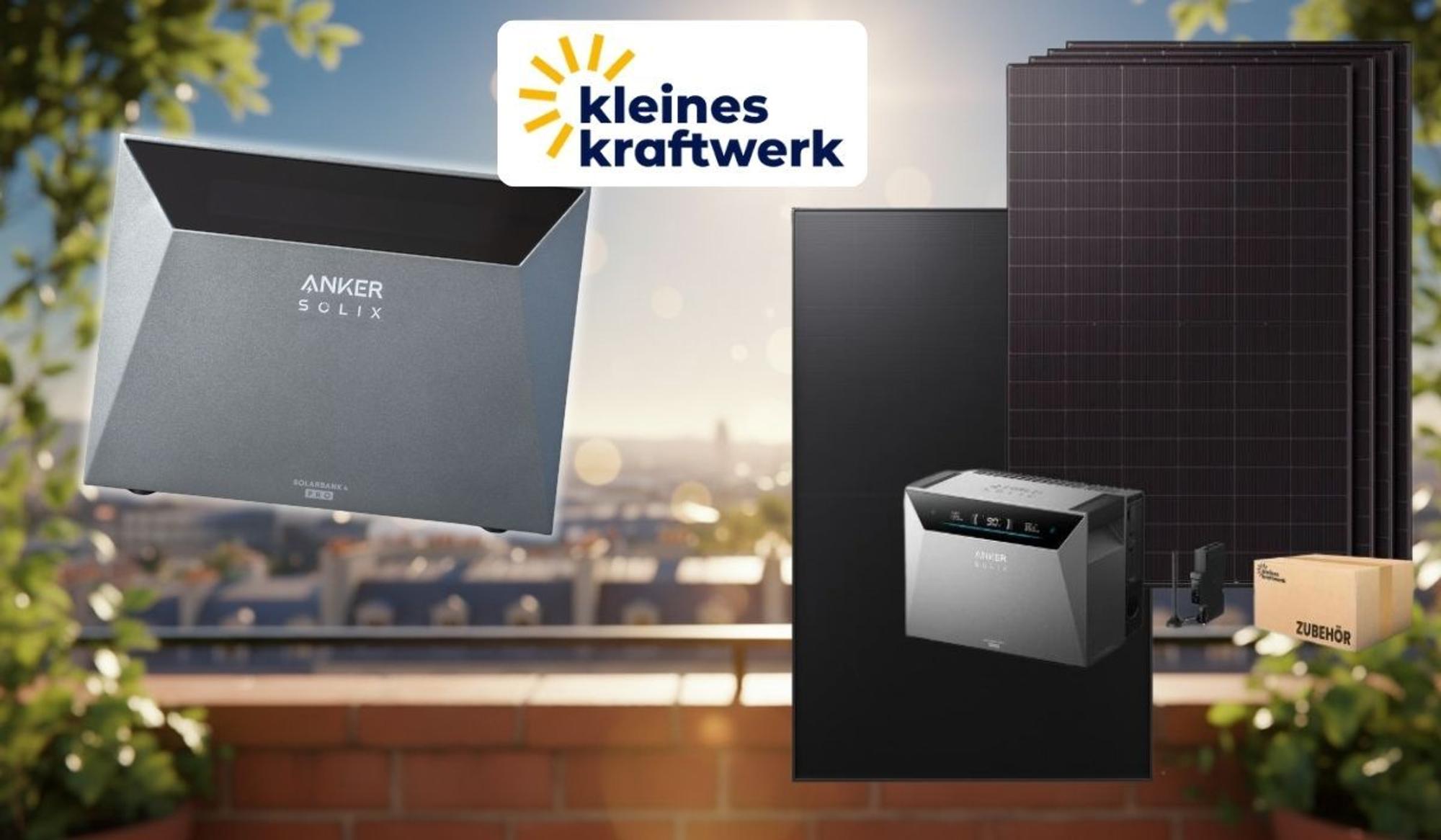 Kleines Kraftwerk Balkonkraftwerk-Set mit Anker SOLIX Solarbank 4 Pro Speicher und Solarmodulen vor einem Balkon mit Brüstung und Sonneneinstrahlung.