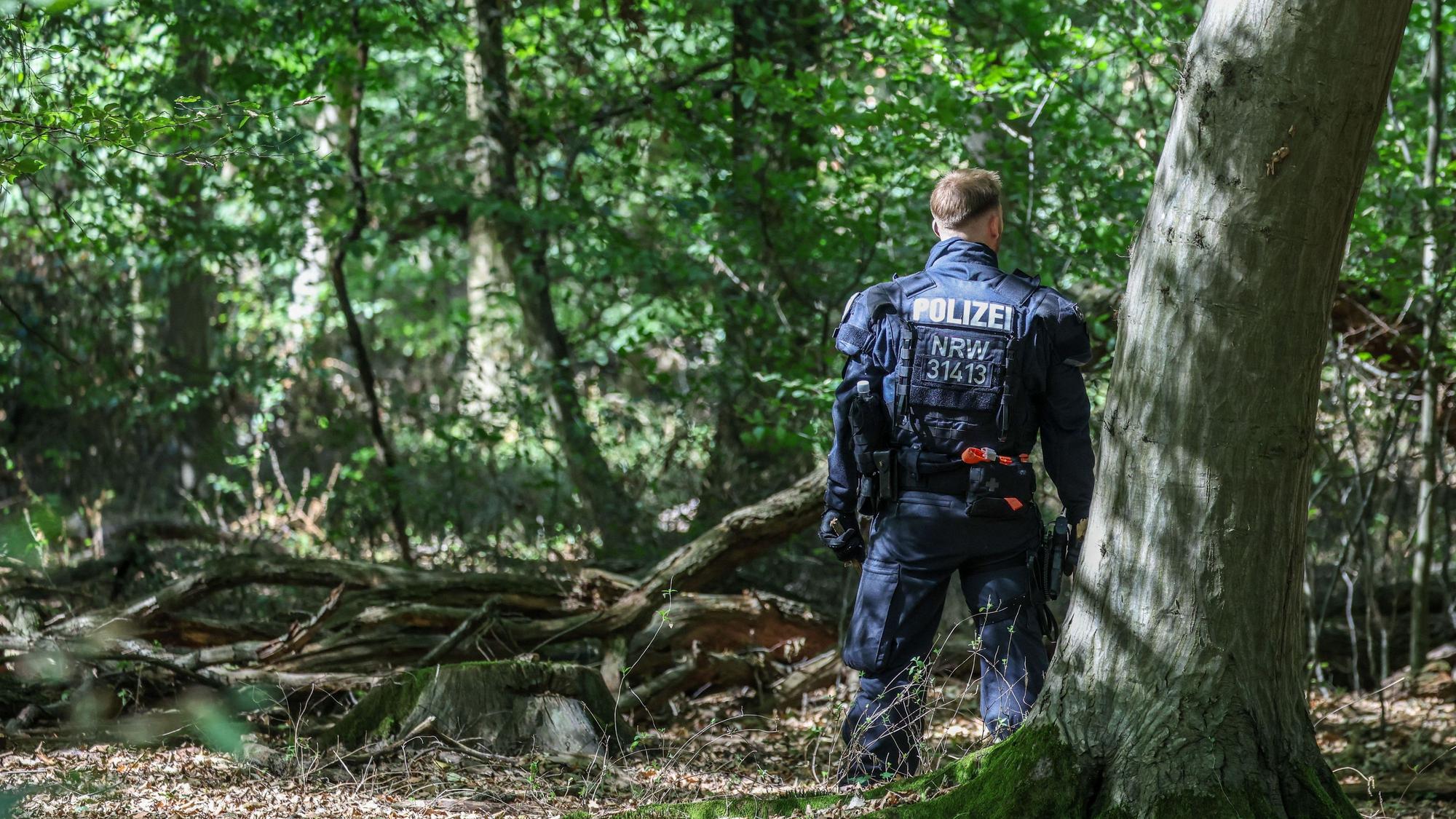 Polizeikräfte durchsuchen am Sonntag (6. September) bei einem Großeinsatz ein Waldstück am Hambacher Forst. Wegen der Sabotage-Akte auf das deutsche Stromnetz wird seit Tagen nach einem 48 Jahre alten Tatverdächtigen gesucht.