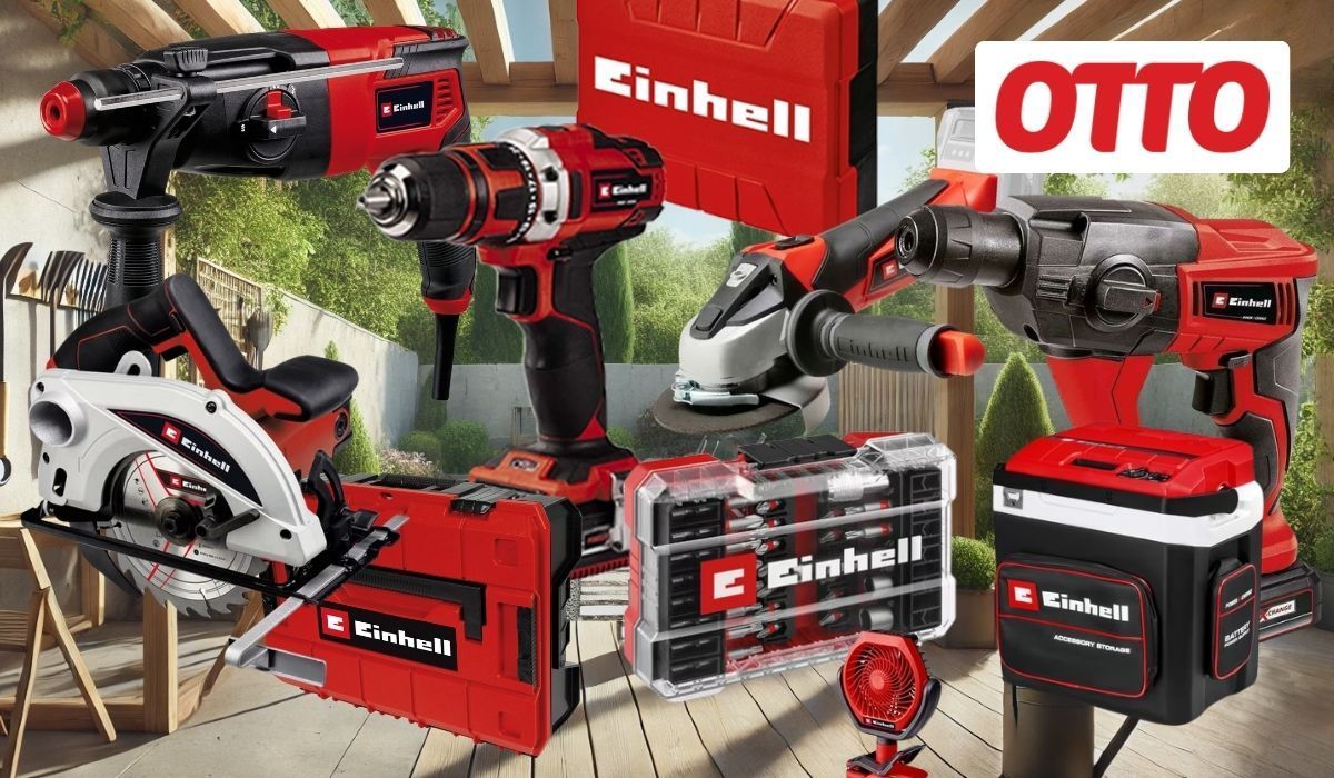 Einhell Werkzeuge und Gartenprodukte wie Akkuschraube, Schlagbohrmaschine oder Winkelschleifer vor einem Gartenhintergrund.