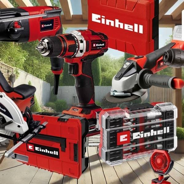 Einhell Werkzeuge und Gartenprodukte wie Akkuschraube, Schlagbohrmaschine oder Winkelschleifer vor einem Gartenhintergrund.