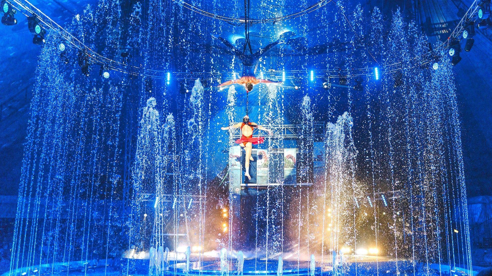 Waterland Circus kommt erstmals nach Köln: Die Manege besteht aus Wasser. Artisten und Tänzer führen ihre Kunststücke am und im Wasser aus.