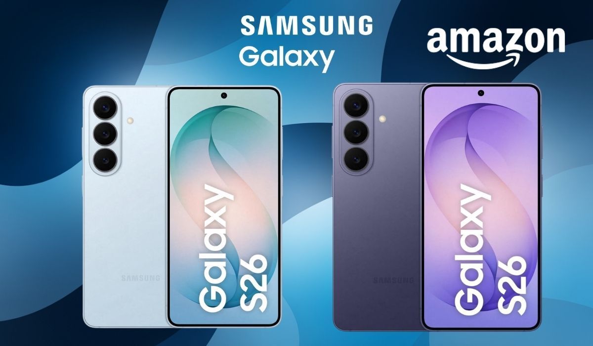 Samsung Galaxy S26 Modelle in Hellblau und Lila vor blauem Hintergrund.