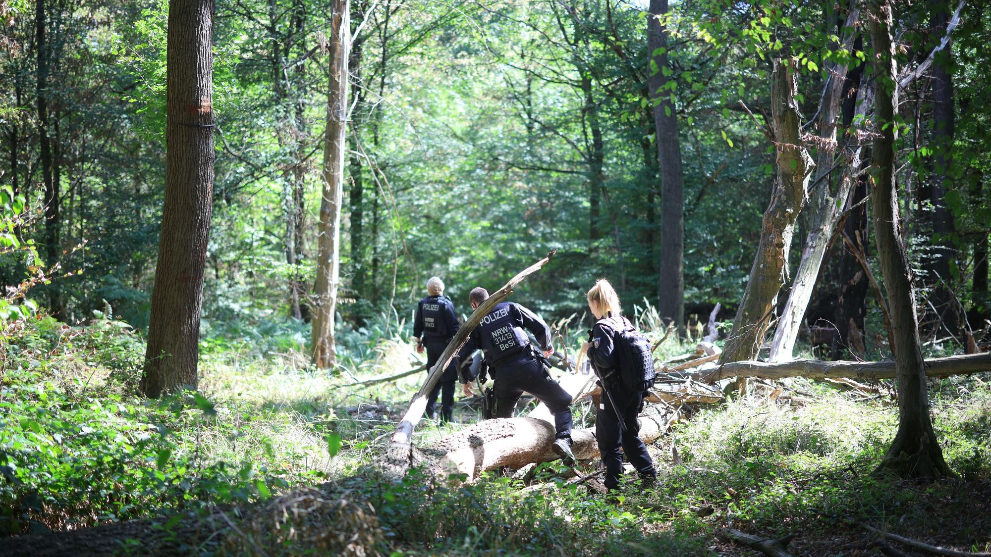 Polizeikräfte durchsuchen ein Waldstück bei einem Großeinsatz am Hambacher Forst. Wegen der Sabotage-Akte auf das deutsche Stromnetz wird seit Tagen nach einem 48 Jahre alten Tatverdächtigen gesucht.