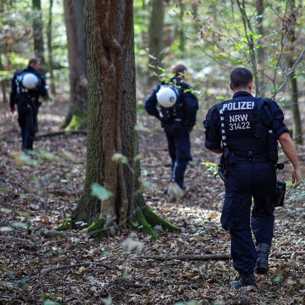 Polizeikräfte durchsuchen bei einem Großeinsatz ein Waldstück am Hambacher Forst. Wegen der Sabotage-Akte auf das deutsche Stromnetz wird seit Tagen nach einem 48 Jahre alten Tatverdächtigen gesucht.
