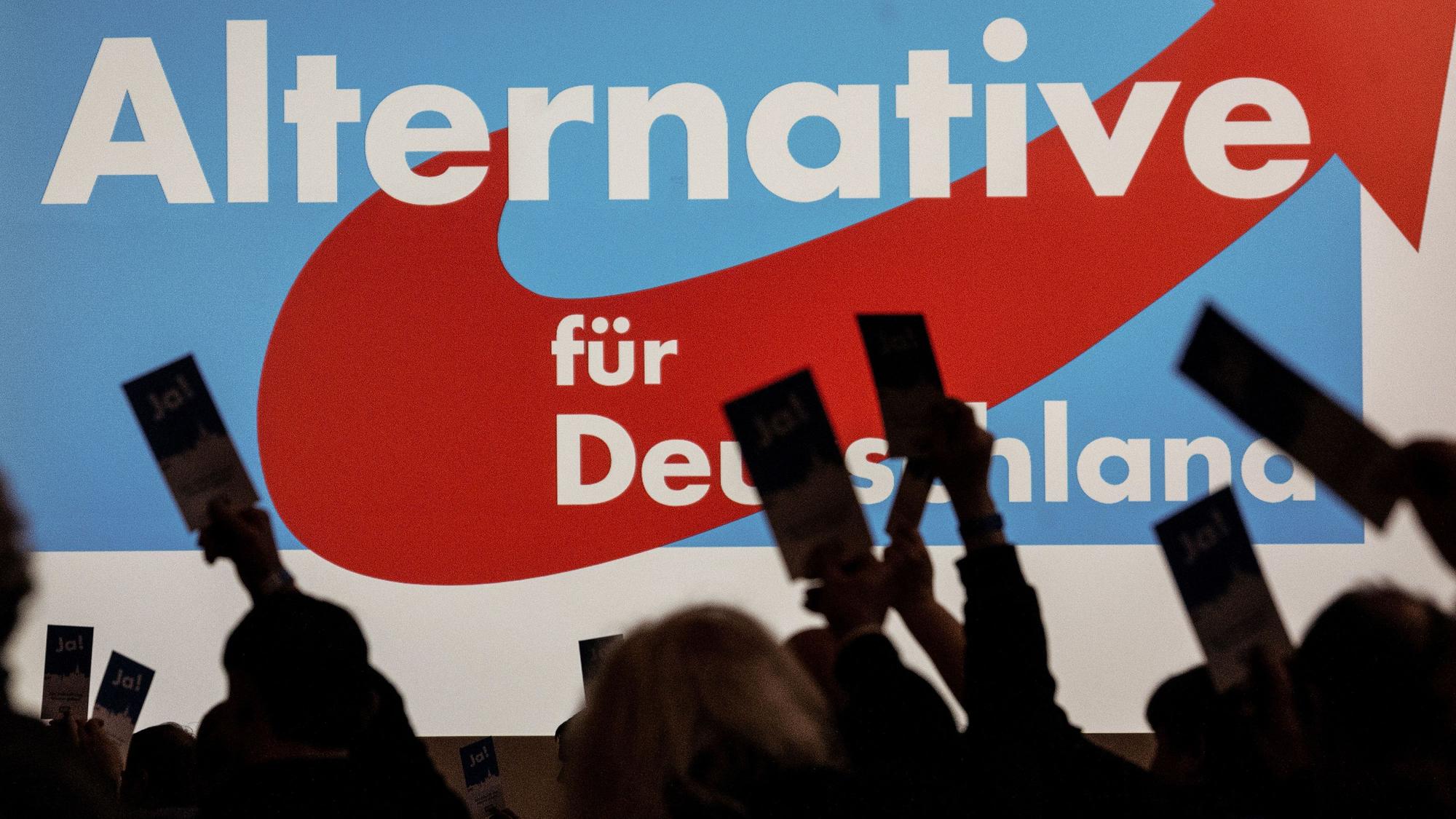 ARCHIV - 25.02.2023, Hessen, Melsungen: Delegierte halten beim Landesparteitag AfD Hessen ihren Stimmzettel. (zu dpa: «Was will die AfD in Hessen und wo steht sie?») Foto: Swen Pförtner/dpa +++ dpa-Bildfunk +++