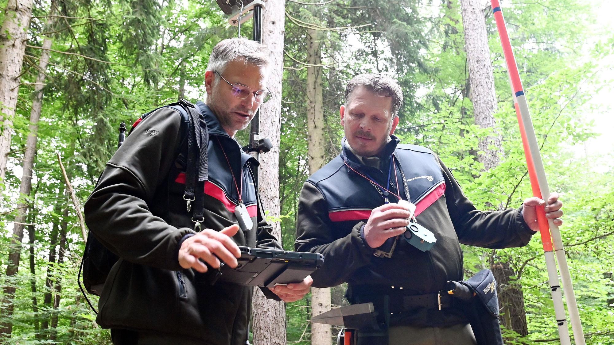 NRW-Waldvermessung im Königsforst. Kay Genau (rechts) und Michael Drews aus dem Team Waldplanung von Wald und Holz NRW bei der Arbeit.