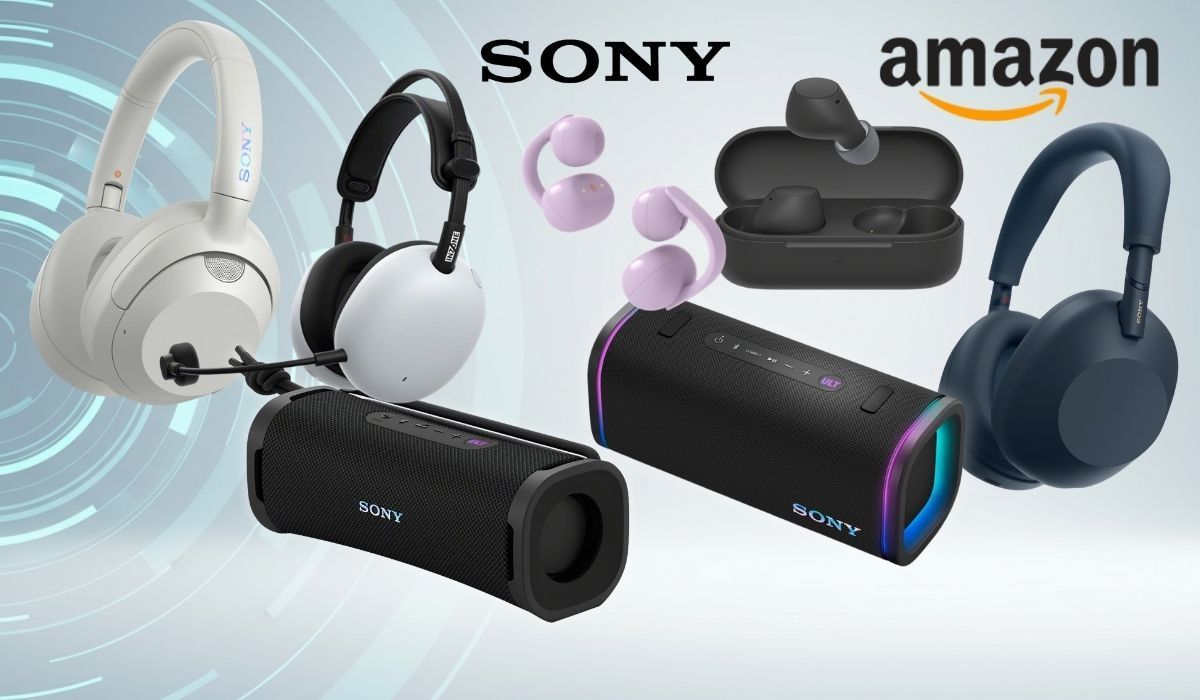 Verschiedene Sony-Kopfhörern, Gaming-Headset, True-Wireless-In-Ears und Bluetooth-Lautsprecher vor einem hellen, blau-türkisen Hintergrund mit Sony- und Amazon-Logo.
