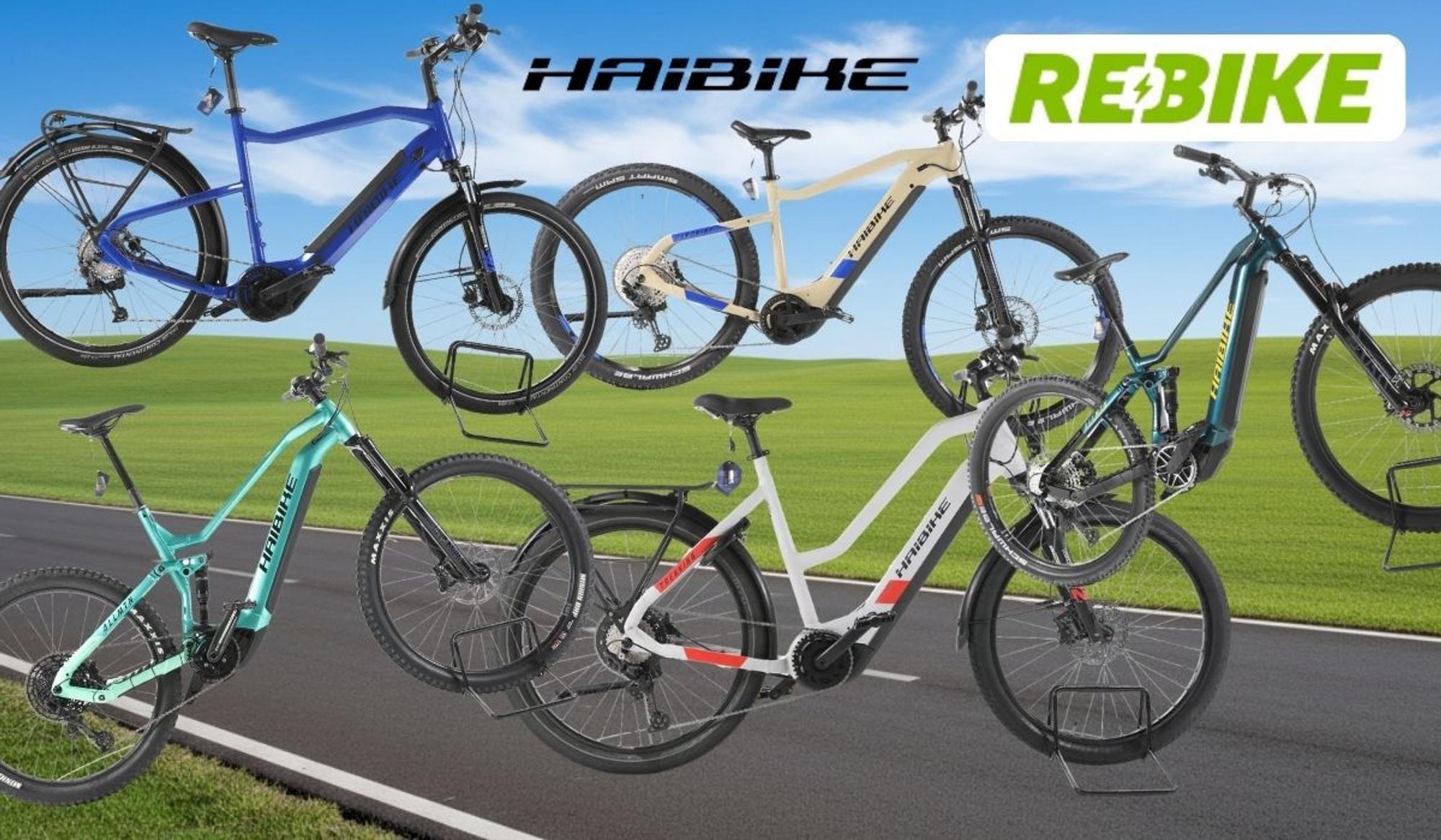 Haibike E-Bikes verschiedener Modelle und Farben vor einer Landstraße mit blauem Himmel. Logos von Rebike und Haibike.