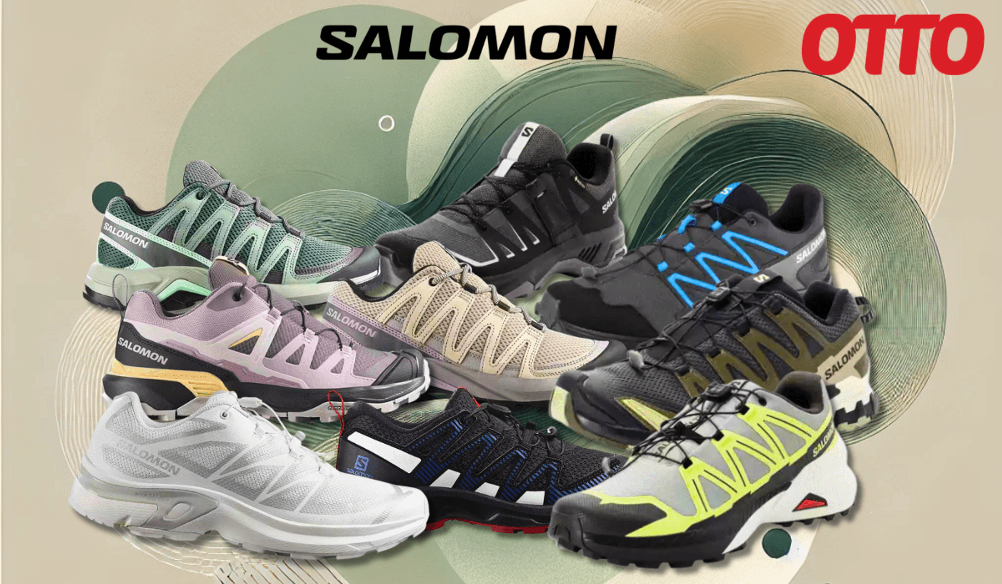 Darstellung verschiedener Salomon Sneaker Modelle auf einem grün, beigen Hintergrund