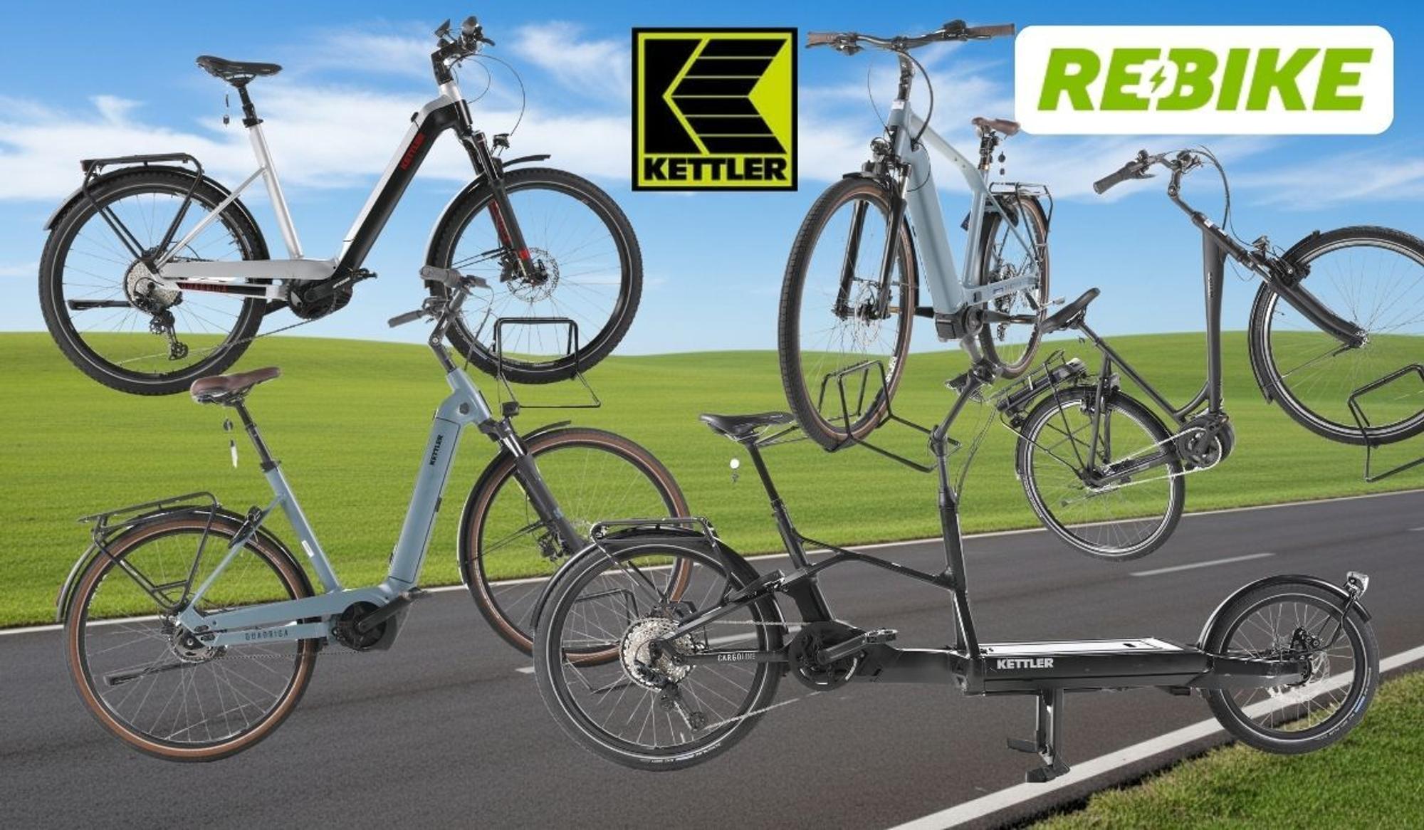 Montage mehrerer Kettler-E-Bikes, darunter City-, Trekking- und Lastenrad-Modelle, vor einer grünen Landschaft mit Landstraße. Die Logos von Kettler und Rebike sind im oberen Bildbereich platziert.