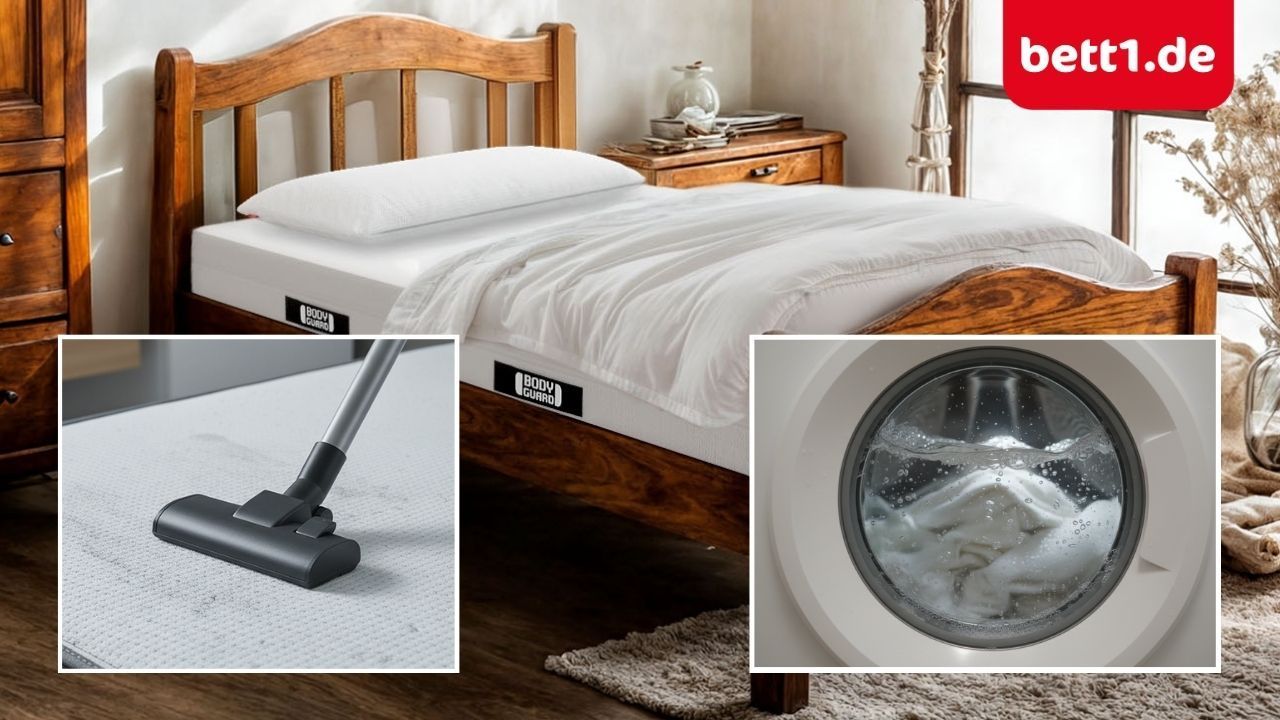 Bett mit BODYGUARD-Matratze in einem Schlafzimmer; eingeblendete Detailbilder zeigen einen Staubsauger auf einer Matratze und Bettwäsche in einer laufenden Waschmaschine, oben rechts ist das Logo von bett1.de zu sehen.
