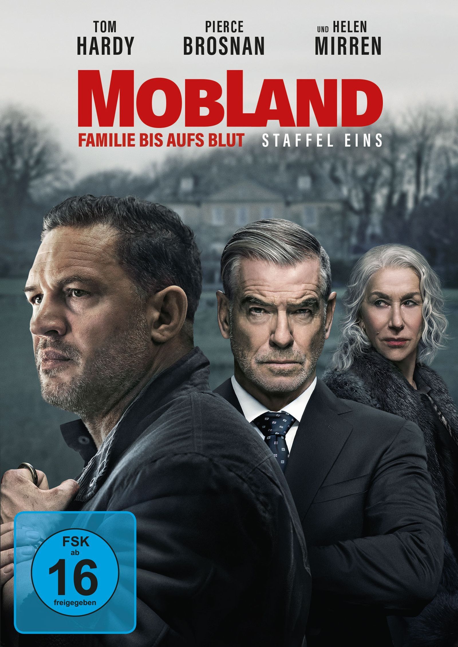 Tom Hardy (links), Pierce Brosnan, Helen Mirren:  Bei der Thrillerserie „MobLand - Familie bis aufs Blut“ lässt sich Paramount in Sachen Star-Power nicht lumpen.  (Bild: Leonine)