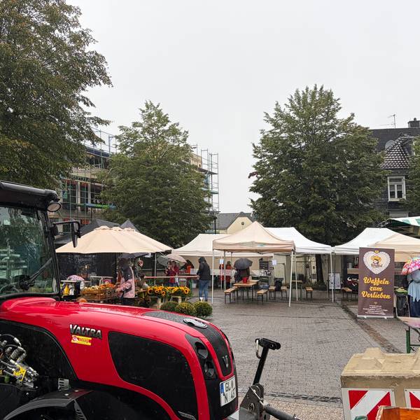 Ein Traktor steht auf einem Platz mit Markständen.