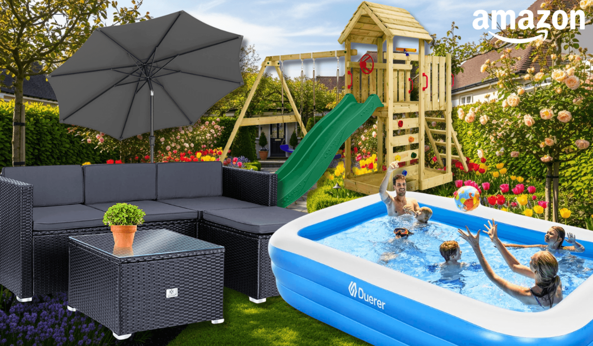 Eine Sitzecke, ein Pool, ein Klettergerüst und ein Sonnenschirm vor einem Garten Hintergrund.