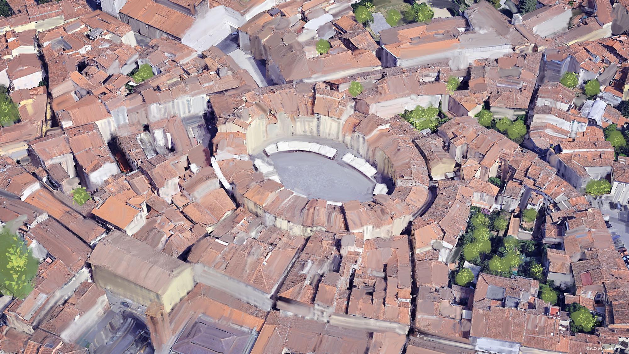 Visualisierung der Piazza dell'Anfiteatro in Lucca/Italien, die Herbert Elfers als Vorlage für die Idee eines wandelbaren Olympiastadions für Köln diente.
