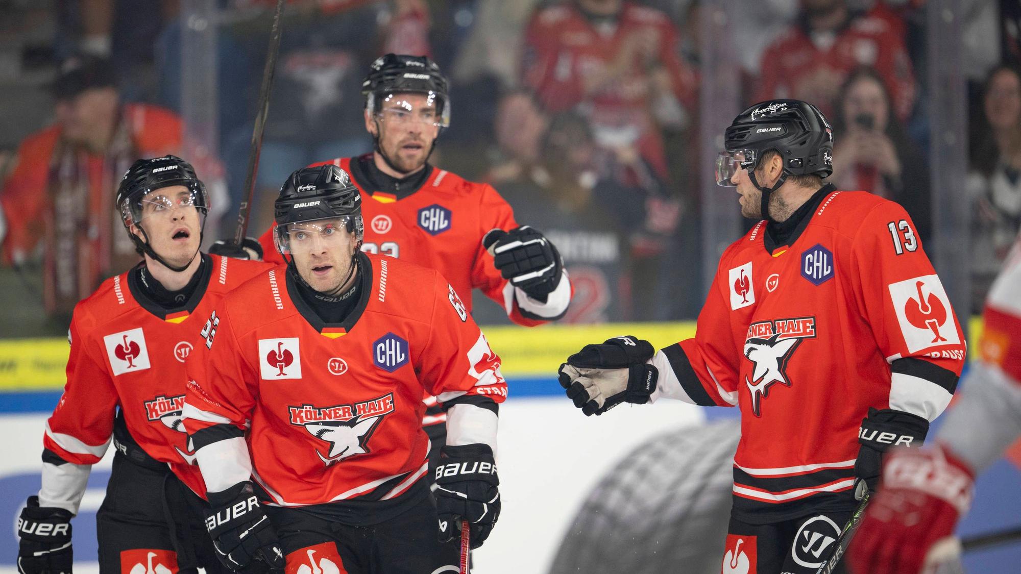 Spieler der Kölner Haie in einer Gruppe auf dem Eis. (Archivbild)