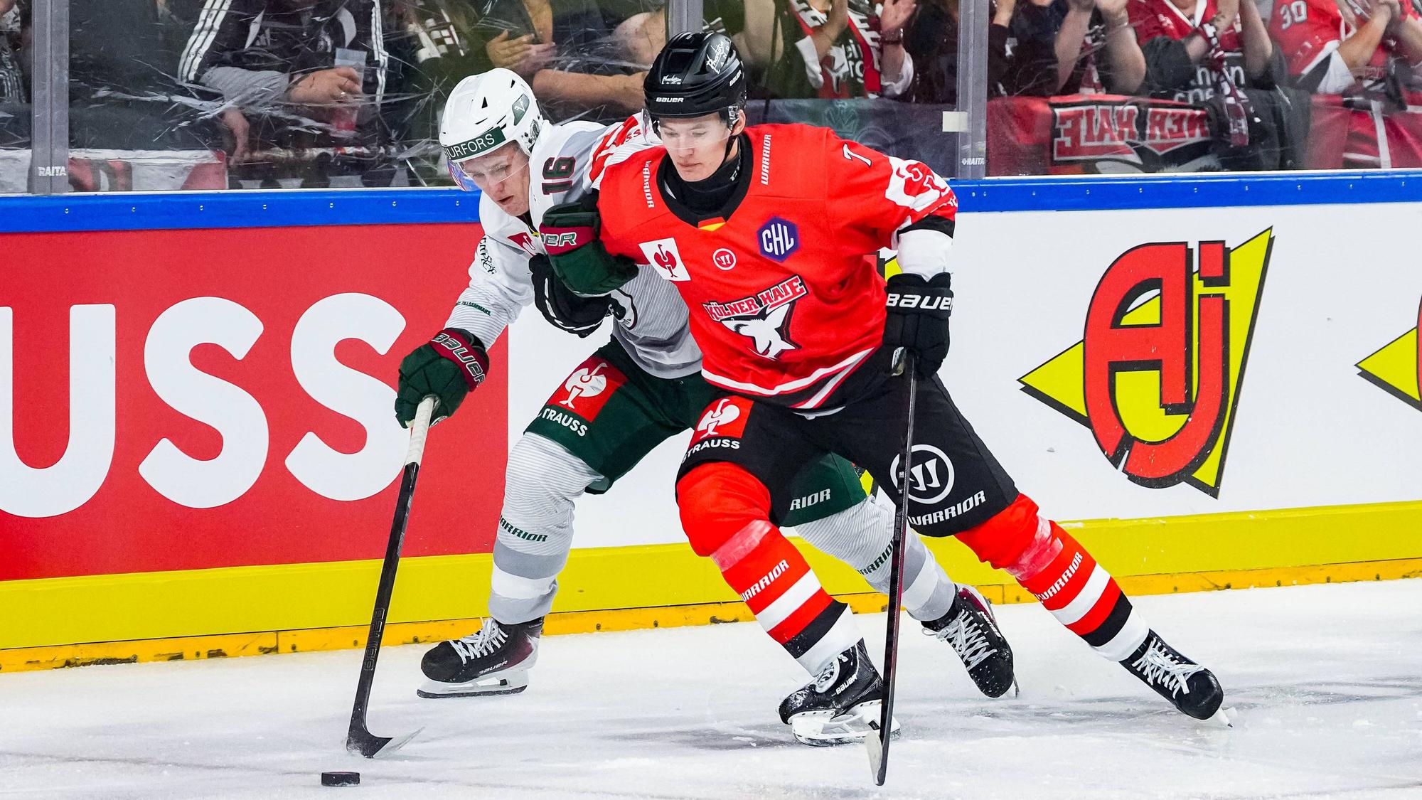 Eishockey CHL 3. Spieltag Kölner Haie - Frölunda Göteborg am 10.09.2026 in der Lanxess Arena in Köln Bosse Meijer Göteborg , links - Carlos Händel Köln , rechts *** Ice Hockey CHL, Matchday 3: Kölner Haie vs. Frölunda Göteborg on September 10, 2026, at the Lanxess Arena in Cologne. Bosse Meijer Göteborg, left Carlos Händel Cologne, right xDMx