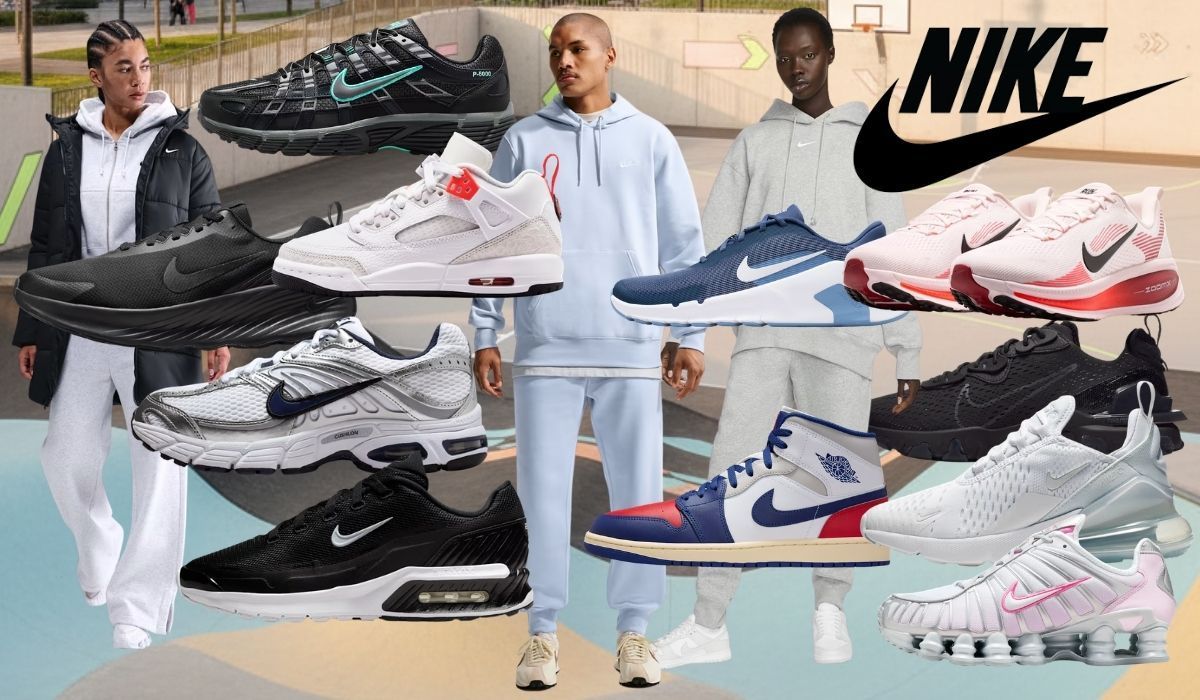 Nike Sneaker wie Air Force 1, Shox, Air Jordan, Air Max Pulse. Dazu Models mit Nike Trainingsanzügen und Jacken vor einem urbanen Basketball und Skateboard-Platz.