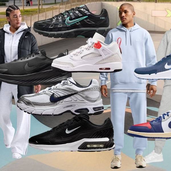 Nike Sneaker wie Air Force 1, Shox, Air Jordan, Air Max Pulse. Dazu Models mit Nike Trainingsanzügen und Jacken vor einem urbanen Basketball und Skateboard-Platz.