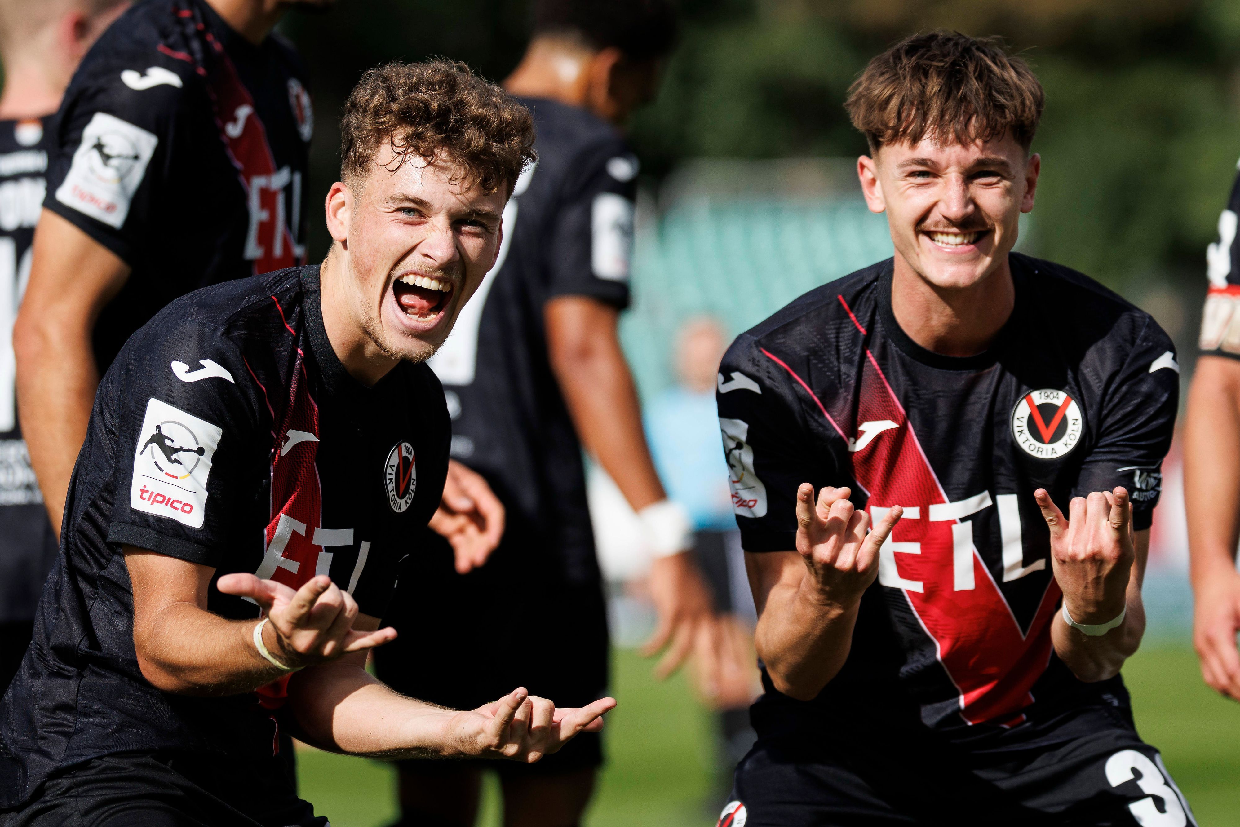 KOELN, GERMANY - SEPTEMBER 19, 2026: Lucas Wolf Viktoria Köln, 21 celebrates his goalmaking it 30 together with his teammate Alexander Prokopenko Viktoria Köln, 30 during the 3rd division match on gameday 7 between Viktoria Koeln vs. FC Ingolstadt at the Sportpark Hoehenberg on September 19, 2026 in Koeln, Germany. DFL REGULATIONS PROHIBIT ANY USE OF PHOTOGRAPHS AS IMAGE SEQUENCES AND/OR QUASI-VIDEO. Nordrhein-Westfalen Germany Copyright: xAxelxKohringx