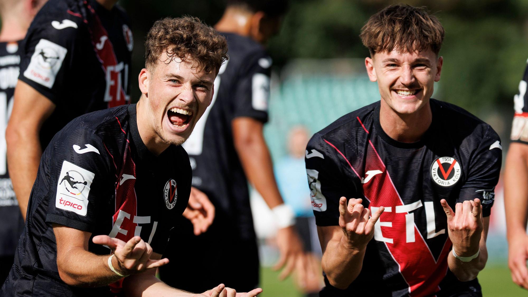 KOELN, GERMANY - SEPTEMBER 19, 2026: Lucas Wolf Viktoria Köln, 21 celebrates his goalmaking it 30 together with his teammate Alexander Prokopenko Viktoria Köln, 30 during the 3rd division match on gameday 7 between Viktoria Koeln vs. FC Ingolstadt at the Sportpark Hoehenberg on September 19, 2026 in Koeln, Germany. DFL REGULATIONS PROHIBIT ANY USE OF PHOTOGRAPHS AS IMAGE SEQUENCES AND/OR QUASI-VIDEO. Nordrhein-Westfalen Germany Copyright: xAxelxKohringx
