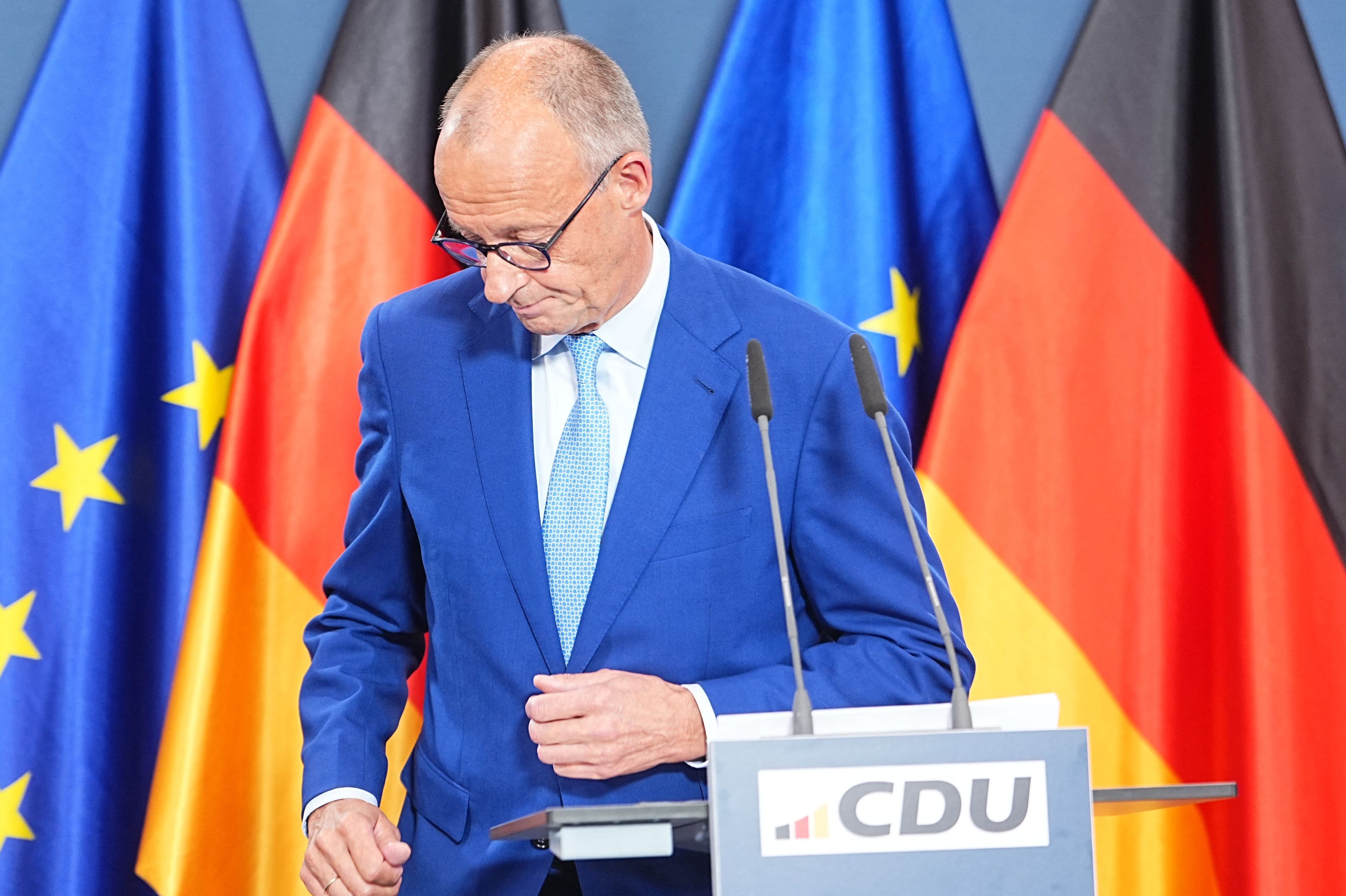 Bundeskanzler Friedrich Merz (CDU) spricht am Sonntag, 20. September, nach den Wahlen in Berlin und Mecklenburg-Vorpommern im Konrad-Adenauer-Haus.
