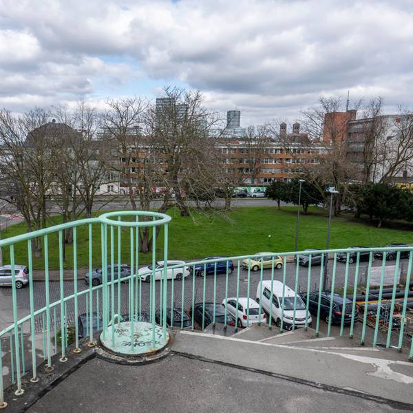 Blick vovn der Severinsbrücke auf die Grünfläche, auf der der Büro- und Hotelkomplex entstehen soll