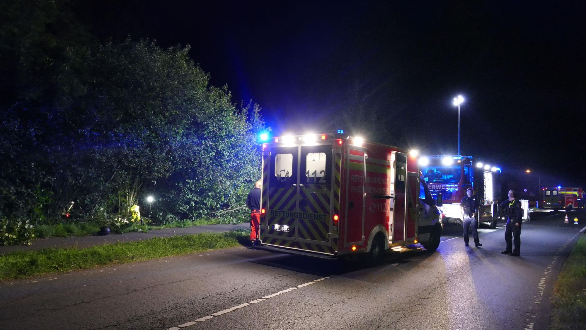 Einsatzkräfte von Feuerwehr und Rettungsdienst nachts an einer Unfallstelle.