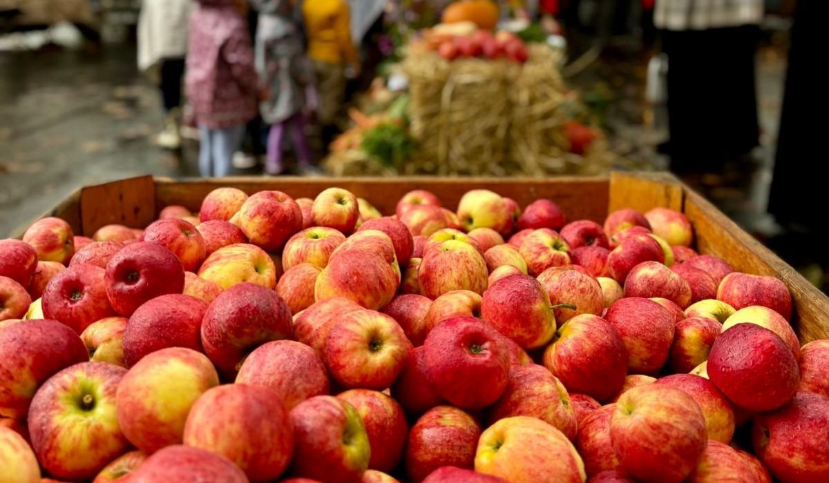 Rote, goldgelbe Äpfel liegen in einer Holzkiste an einem Wochenmarktstand.