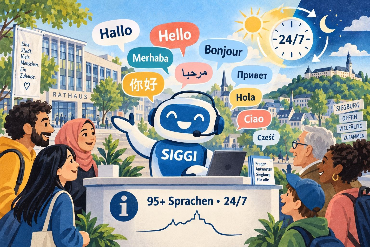 Mit einer solchen - etwas kitschig-naiv wirkenden - Darstellung illustriert die KI ChatGPT auf Anforderung den Siegburger KI-Chatbot Siggi.