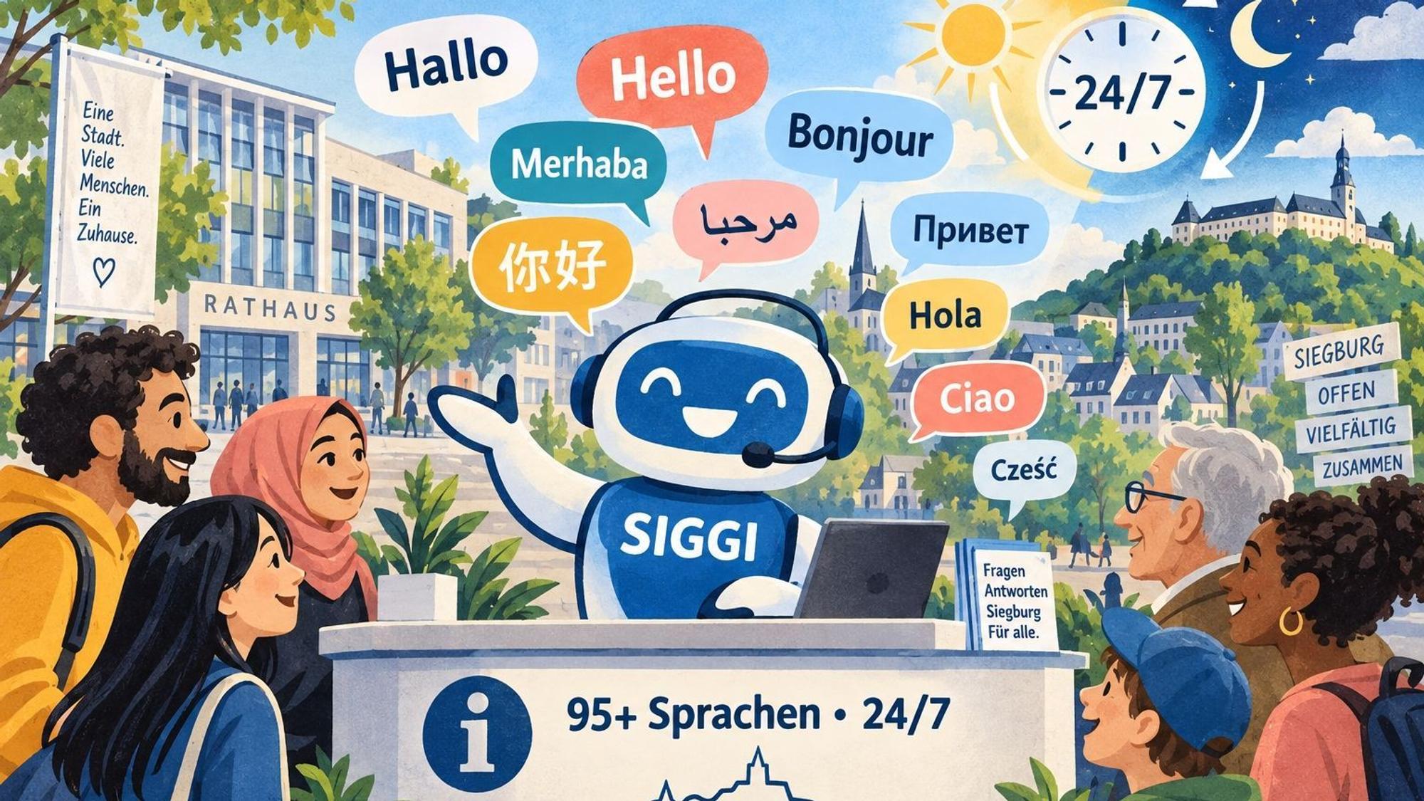 Mit einer solchen - etwas kitschig-naiv wirkenden - Darstellung illustriert die KI ChatGPT auf Anforderung den Siegburger KI-Chatbot Siggi.