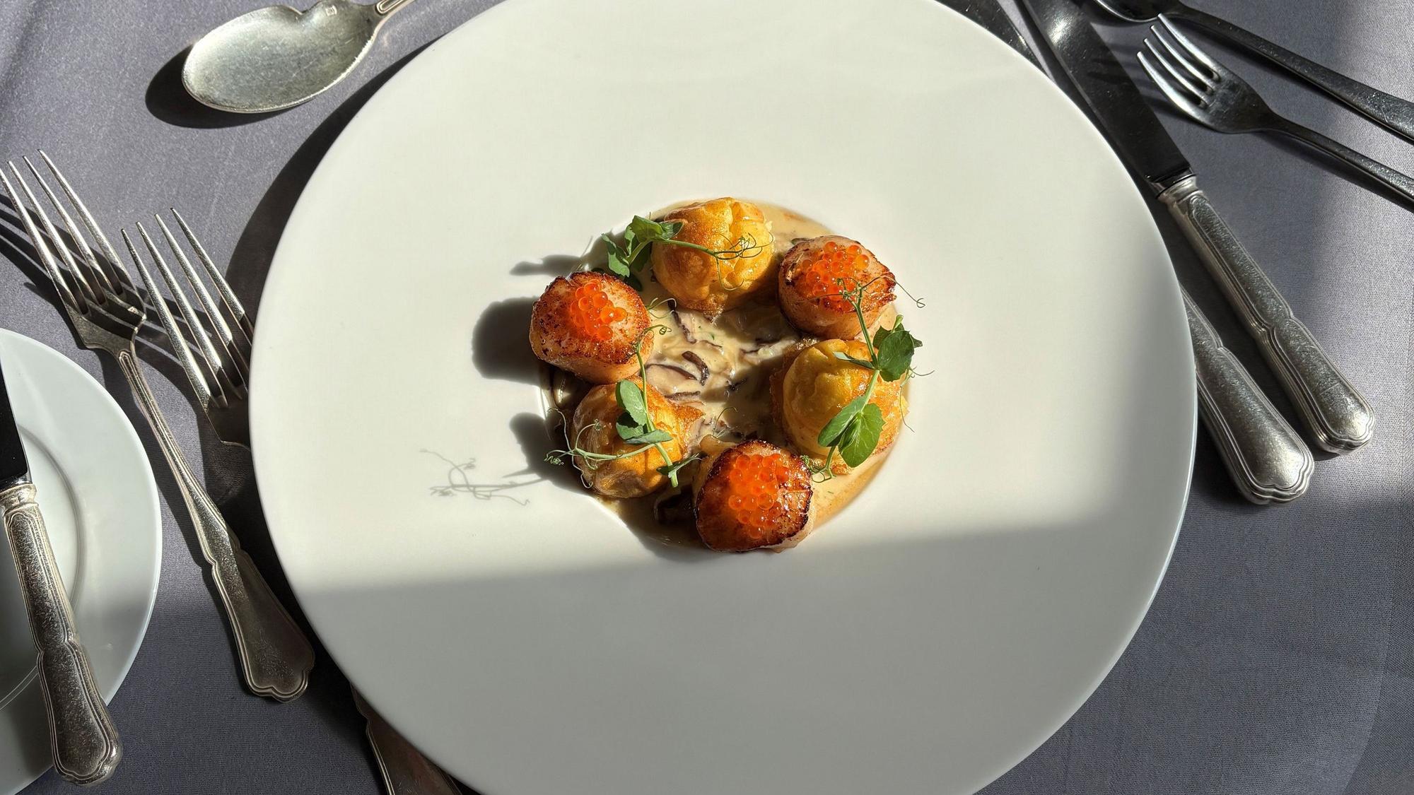 Jakobsmuscheln mit Pommes Duchesse und Champignons liegen auf einem Teller.