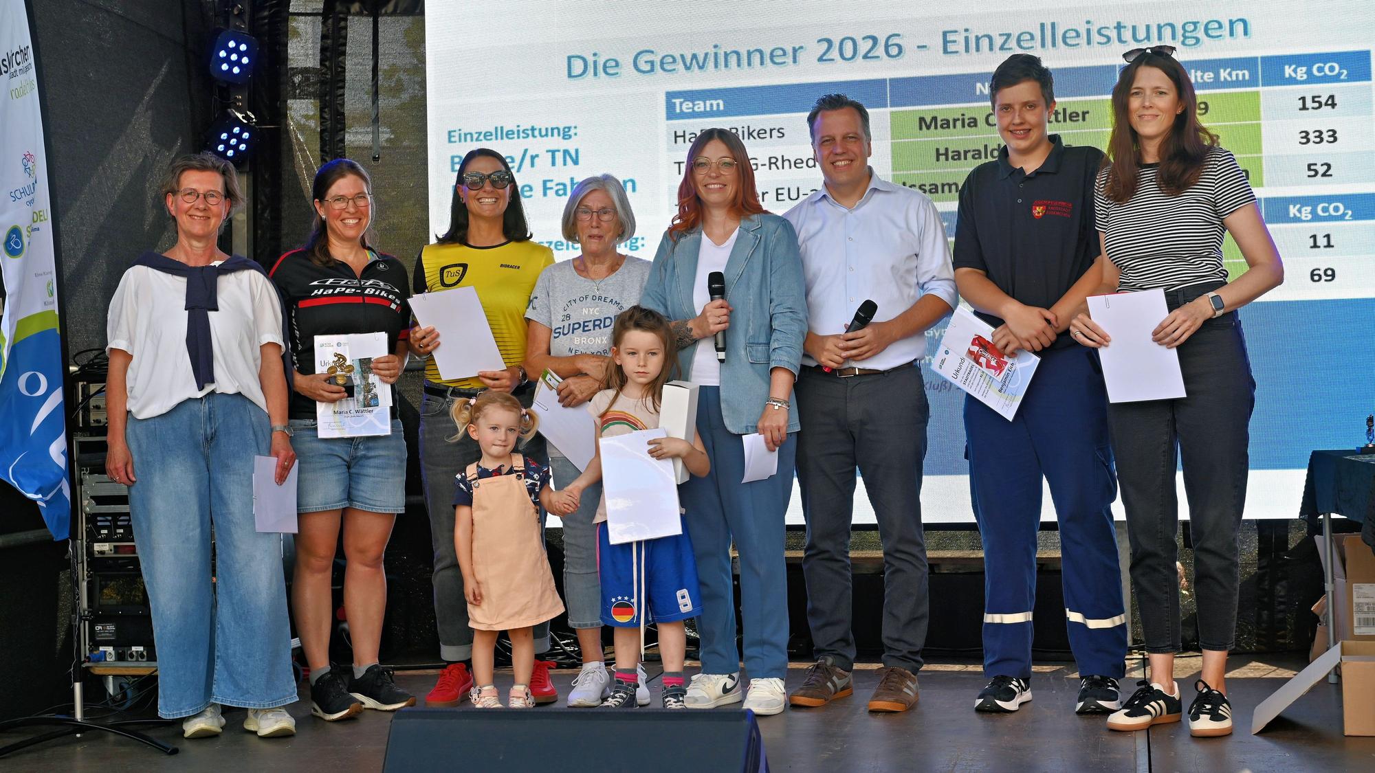 Die Sieger der Aktion Stadtradeln in Euskirchen stehen auf einer Bühne.
