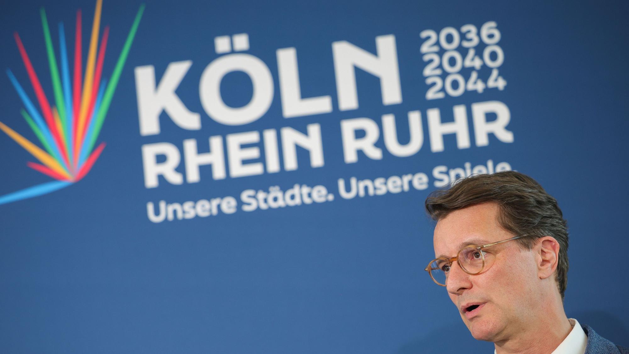 Hendrik Wüst (CDU), Ministerpräsident des Landes NRW, spricht in Köln über die Olympia-Bewerbung von NRW.
