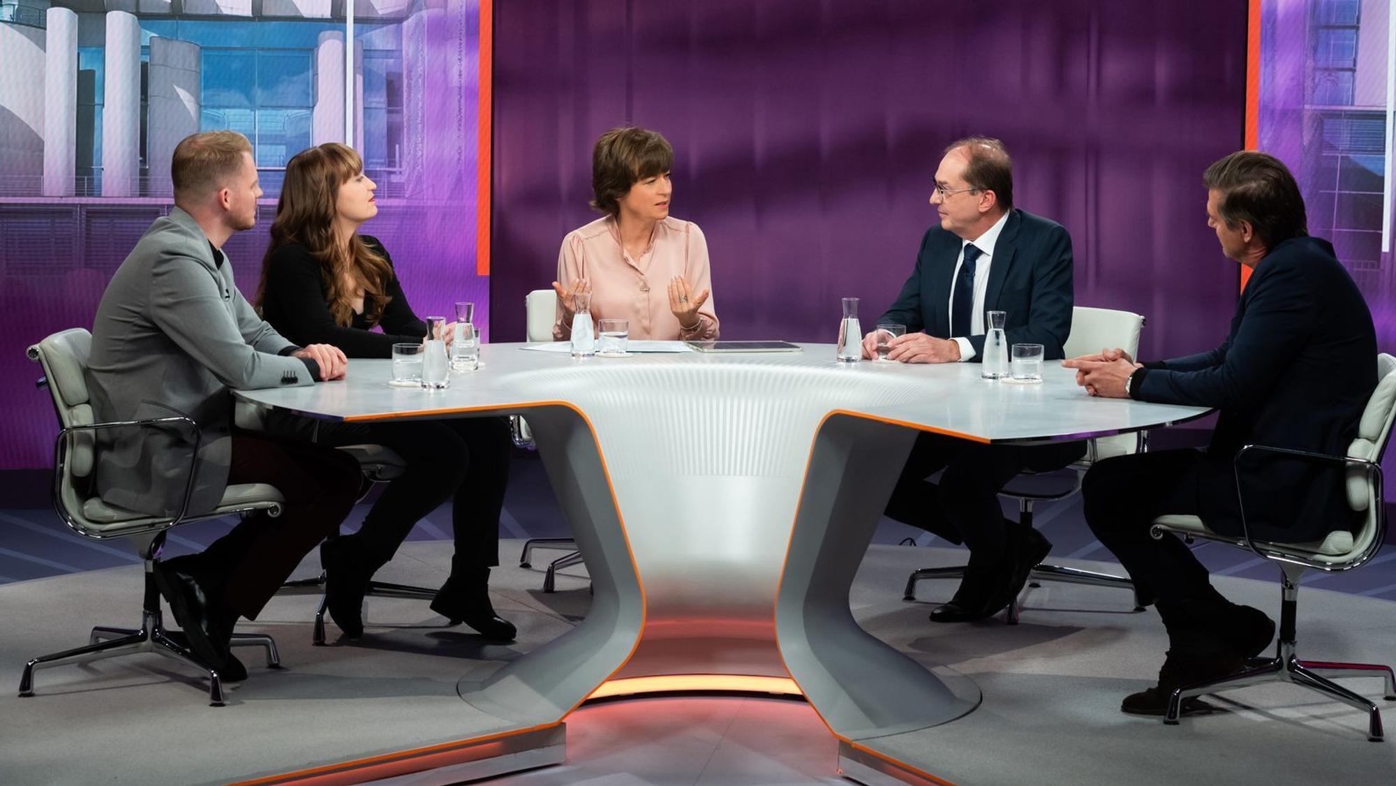 Im ZDF-Talk von Moderatorin „Maybrit Illner“ (Mitte) kam es in der Runde vom 24. September zu einem Eklat. (Bild: ZDF / Jule Roehr)