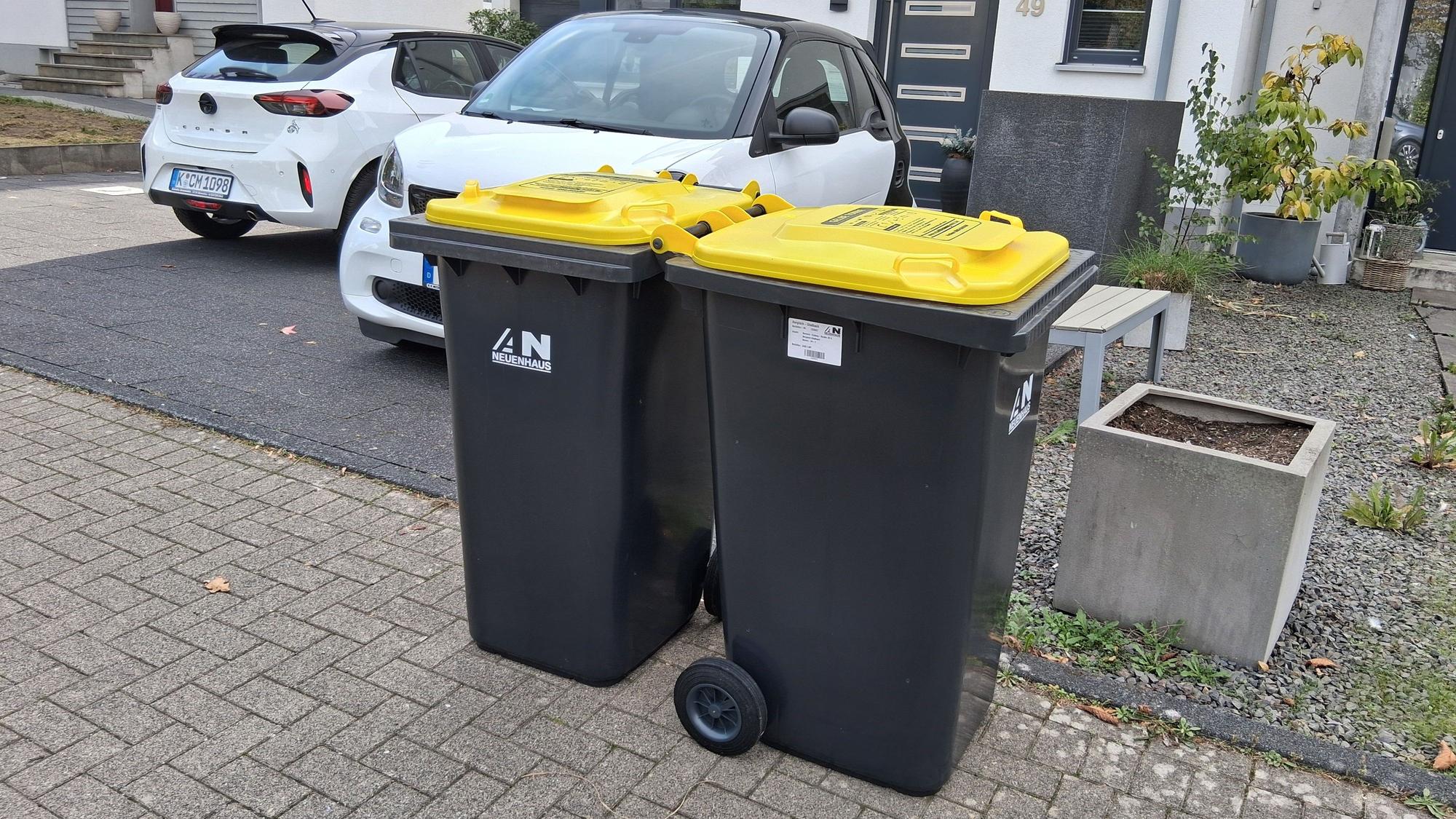 Zwei Gelbe Tonnen stehen auf dem Bürgersteig vor einem Haus.