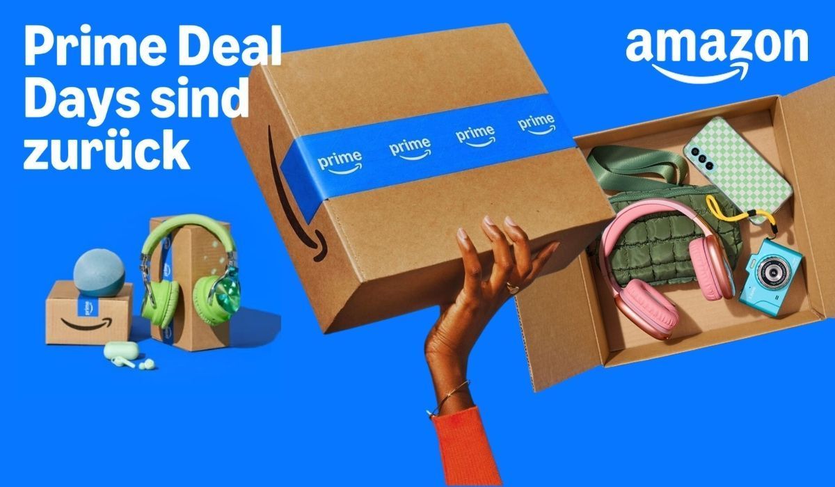 Prime Deal Days Ankündigung 6. und 7. Oktober mit Design von Amazon Paketen und Produkten auf blauem Hintergrund.