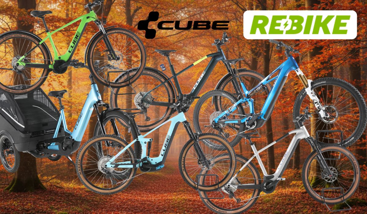 Cube E-Bike-Modelle vor einem Hintergrund einer Landstraße im Grünen vor einer Stadtsilhouette am sonnigen Tag.