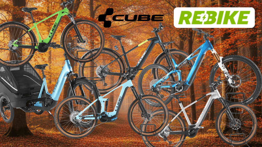 Cube E-Bike-Modelle vor einem Hintergrund einer Landstraße im Grünen vor einer Stadtsilhouette am sonnigen Tag.
