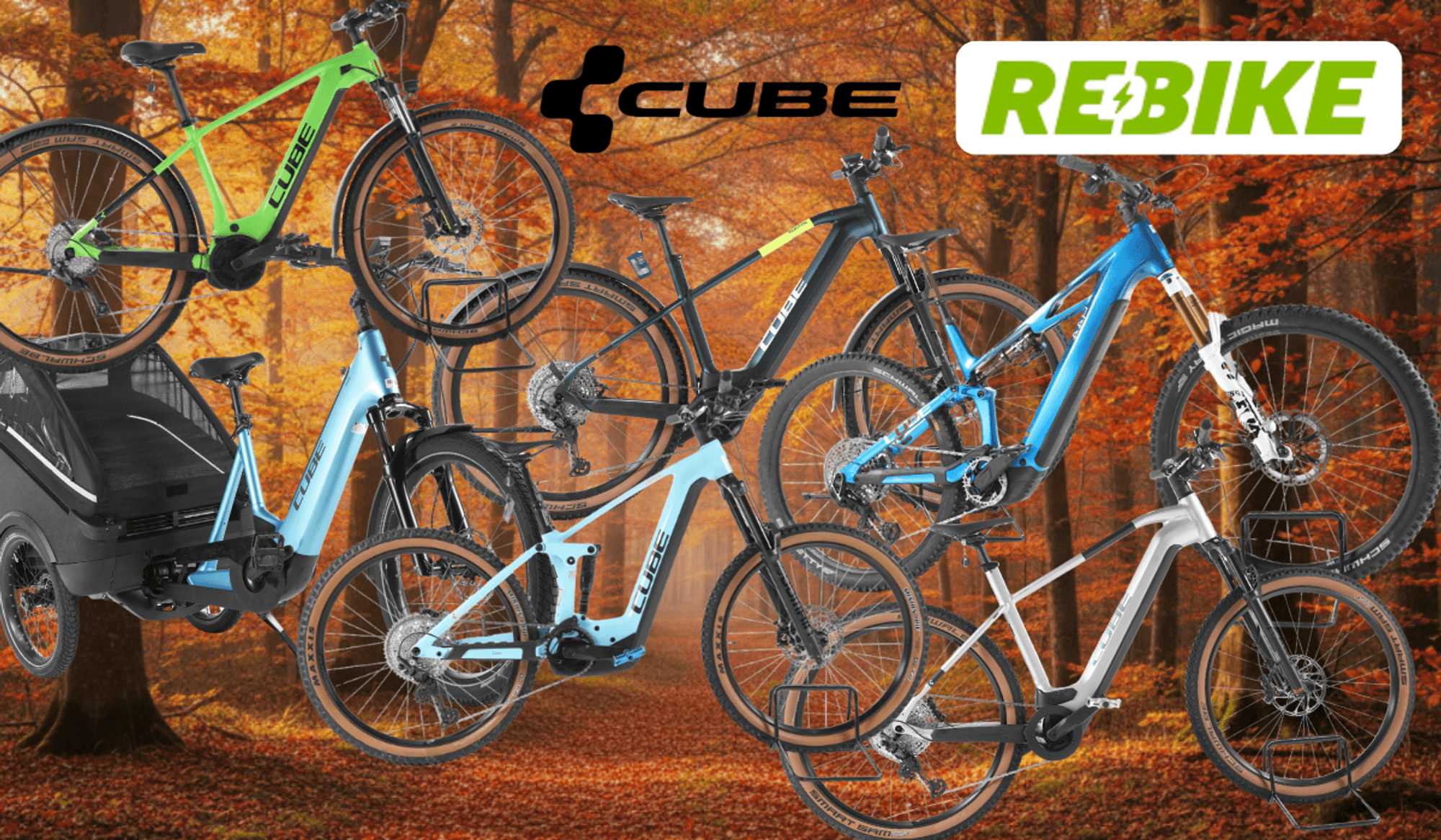 Cube E-Bike-Modelle vor einem Hintergrund einer Landstraße im Grünen vor einer Stadtsilhouette am sonnigen Tag.